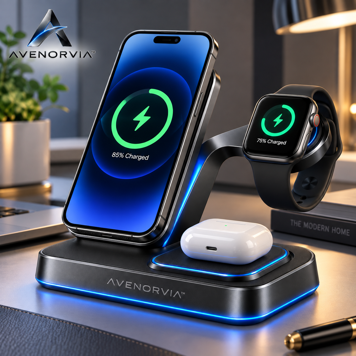 Avenorvia™ Multi-Device Charging Station – 5-in-1 Desktop Charging Hub for Phones, Watches, Earbuds & Everyday Electronics