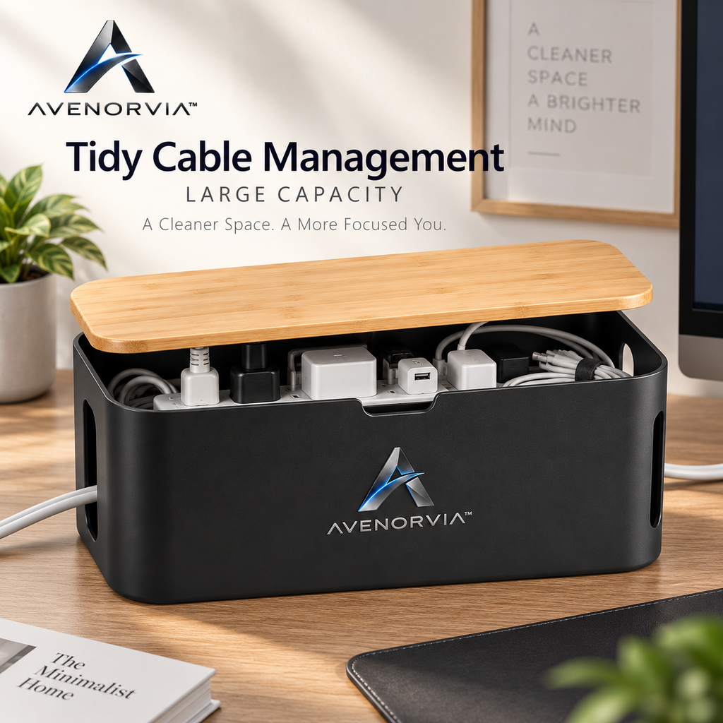 Avenorvia™ Cable Management Box – Power Strip & Cord Organizer with Ventilated Lid for Desks, Offices & Home Charging Areas