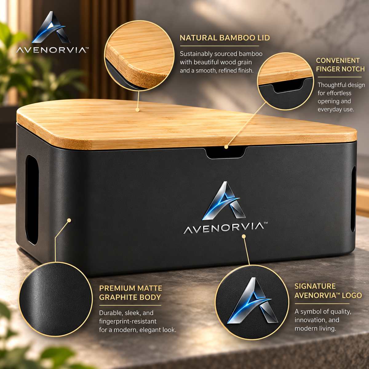 Avenorvia™ Cable Management Box – Power Strip & Cord Organizer with Ventilated Lid for Desks, Offices & Home Charging Areas