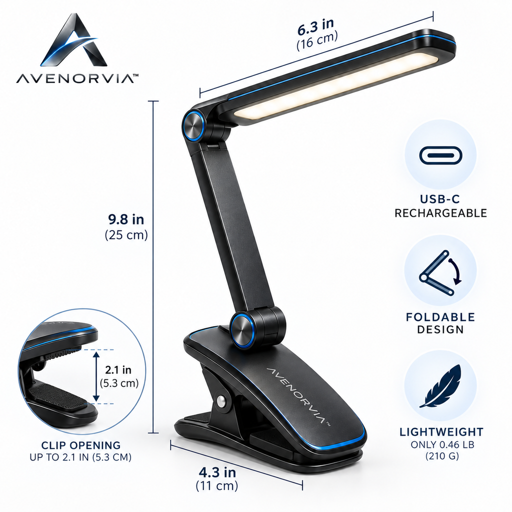 Avenorvia™ FlexBeam Portable Reading Light – Rechargeable Clip-On Book Lamp with 3 Light Tones & Adjustable Brightness