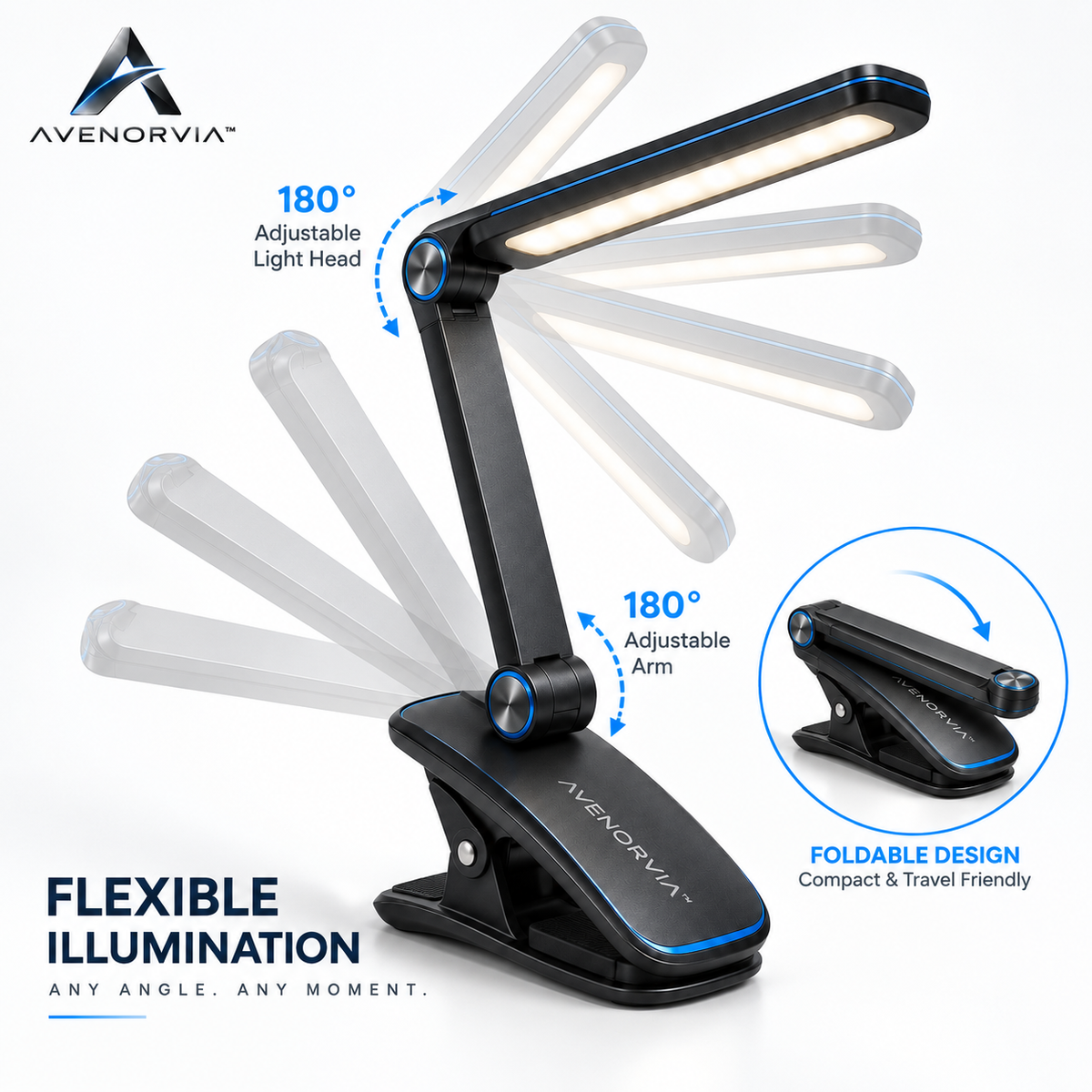 Avenorvia™ FlexBeam Portable Reading Light – Rechargeable Clip-On Book Lamp with 3 Light Tones & Adjustable Brightness