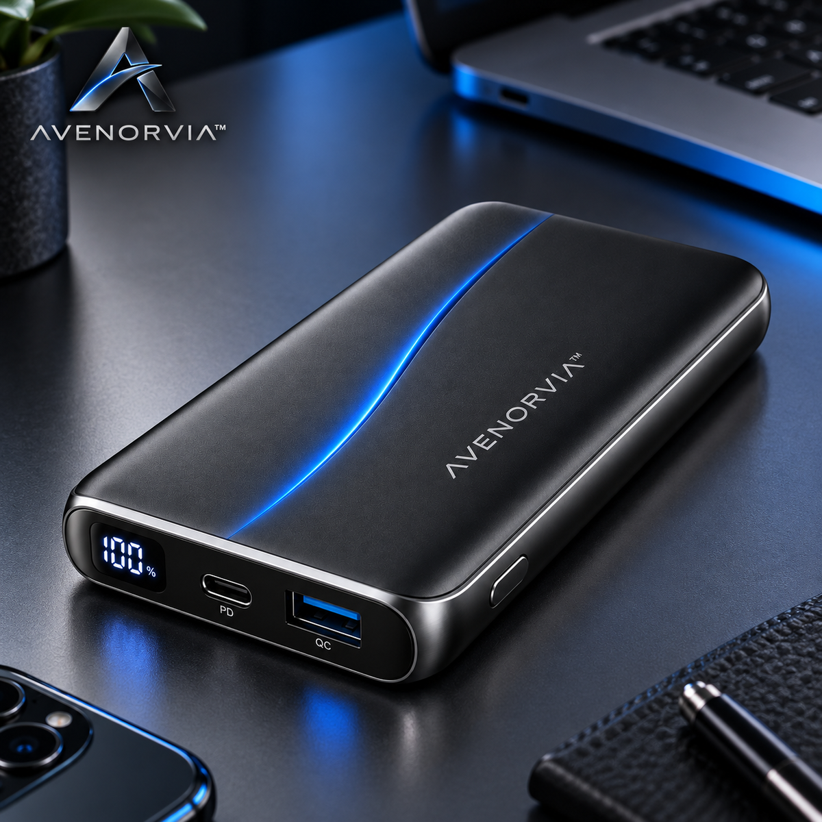 Avenorvia™ 10,000mAh Compact Portable Power Bank – 20W Fast-Charge Travel Battery with USB-C, Dual Output & Digital Power Display