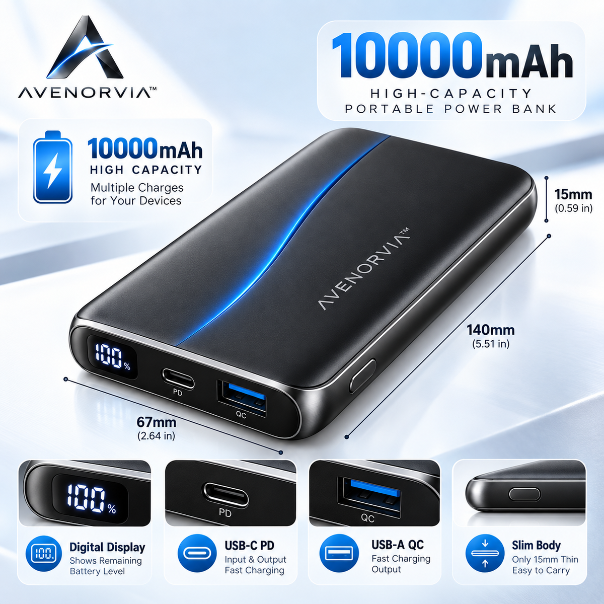 Avenorvia™ 10,000mAh Compact Portable Power Bank – 20W Fast-Charge Travel Battery with USB-C, Dual Output & Digital Power Display