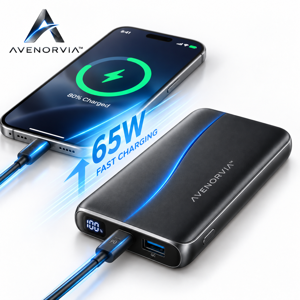 Avenorvia™ 10,000mAh Compact Portable Power Bank – 20W Fast-Charge Travel Battery with USB-C, Dual Output & Digital Power Display