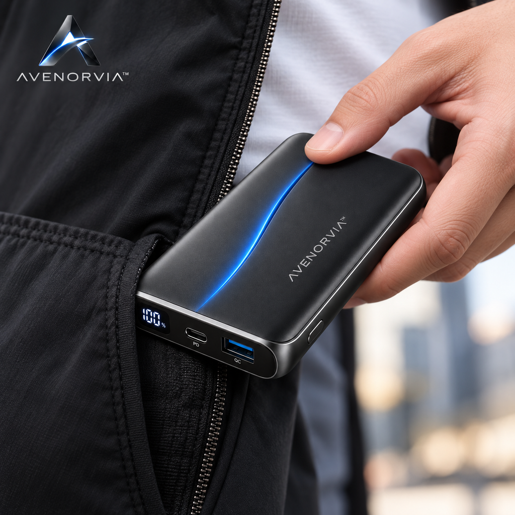 Avenorvia™ 10,000mAh Compact Portable Power Bank – 20W Fast-Charge Travel Battery with USB-C, Dual Output & Digital Power Display