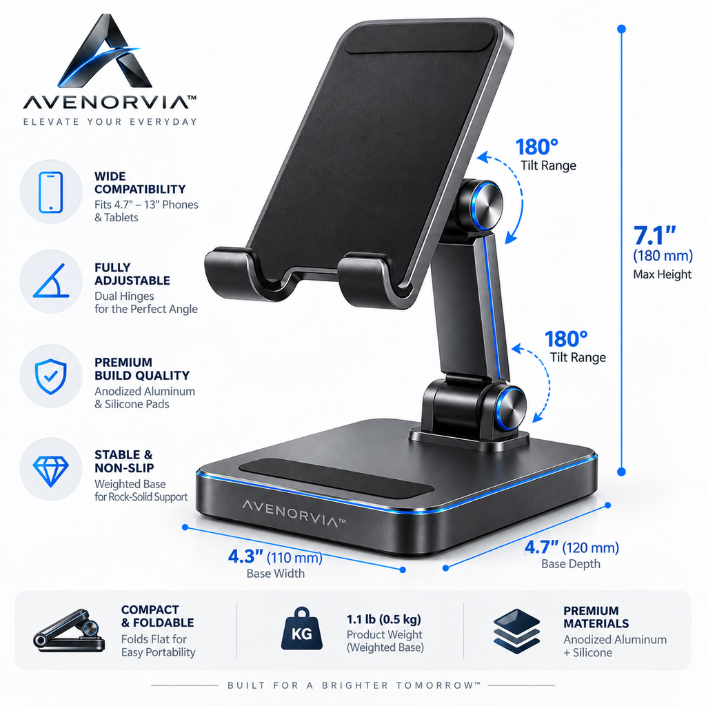 Avenorvia™ Adjustable Foldable Phone Stand – Multi-Angle Desktop Holder for Work, Video Calls, Streaming & Everyday Viewing
