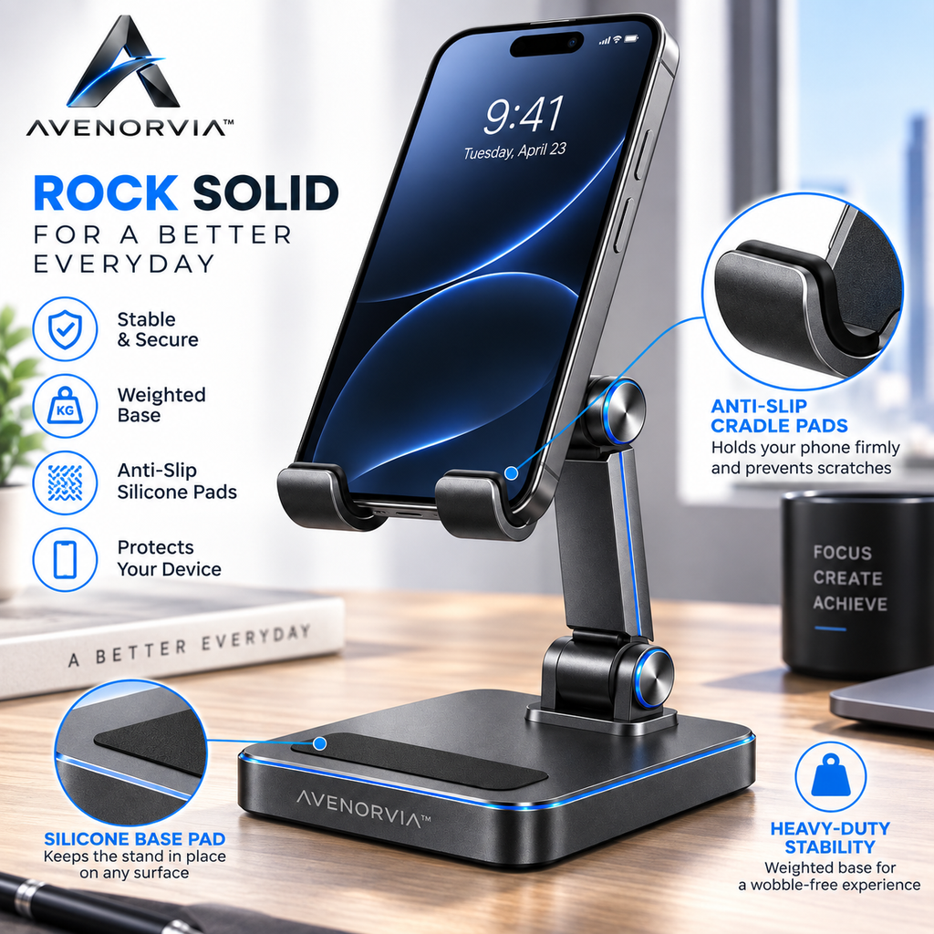 Avenorvia™ Adjustable Foldable Phone Stand – Multi-Angle Desktop Holder for Work, Video Calls, Streaming & Everyday Viewing