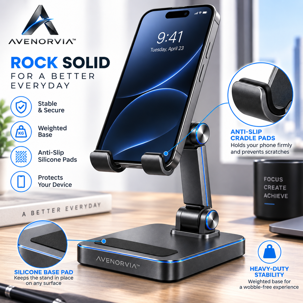 Avenorvia™ Adjustable Foldable Phone Stand – Multi-Angle Desktop Holder for Work, Video Calls, Streaming & Everyday Viewing