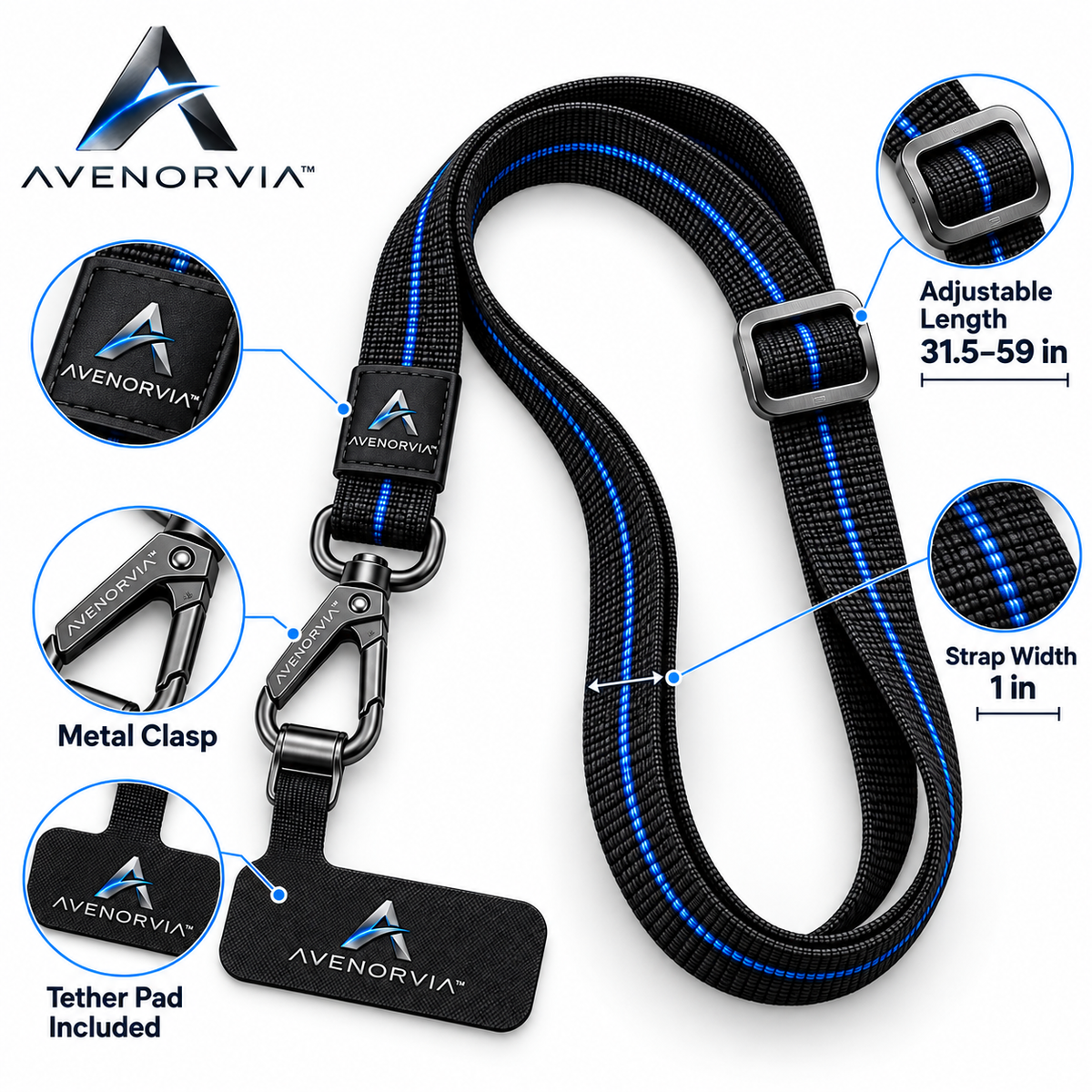 Avenorvia™ Adjustable Crossbody Phone Lanyard – Hands-Free Phone Strap with Universal Tether Tab for Travel, Work & Everyday Carry