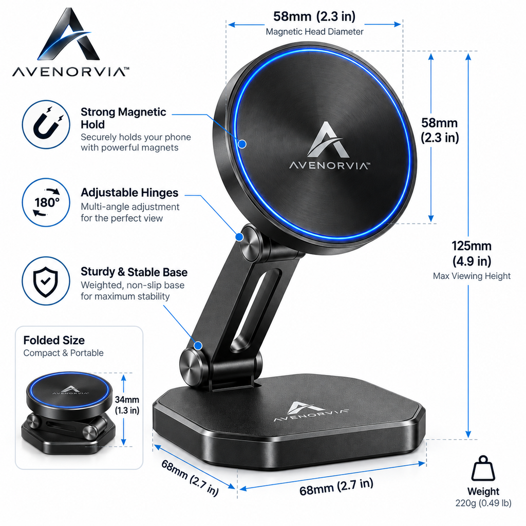 Avenorvia™ PocketFold Adjustable Phone Stand – Compact Fold-Flat Desktop Holder for Work, Travel, Video Calls & Everyday Viewing