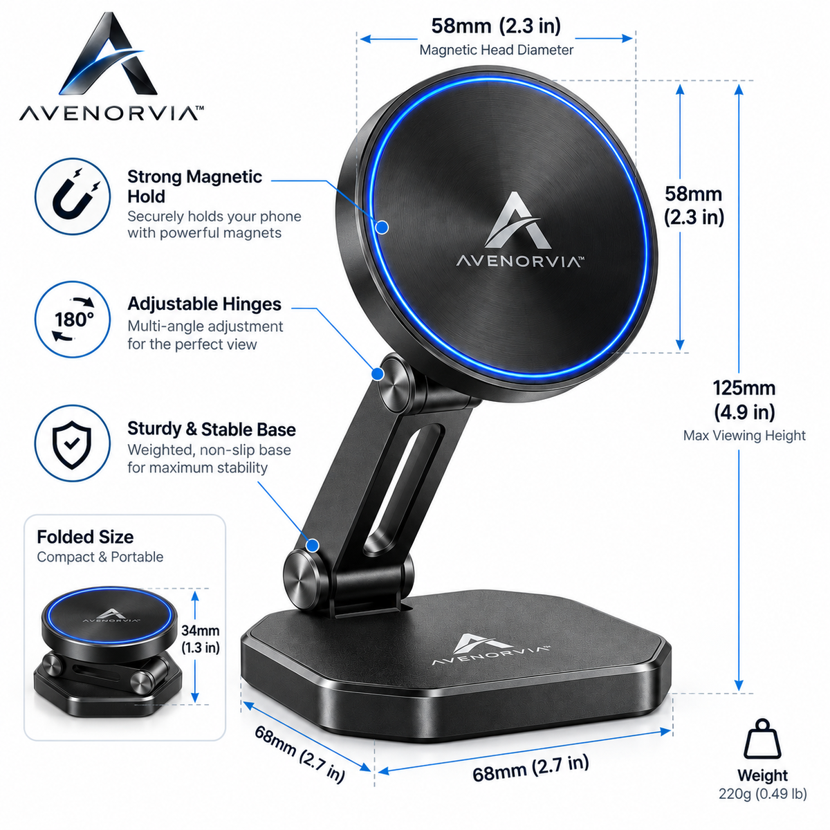 Avenorvia™ PocketFold Adjustable Phone Stand – Compact Fold-Flat Desktop Holder for Work, Travel, Video Calls & Everyday Viewing