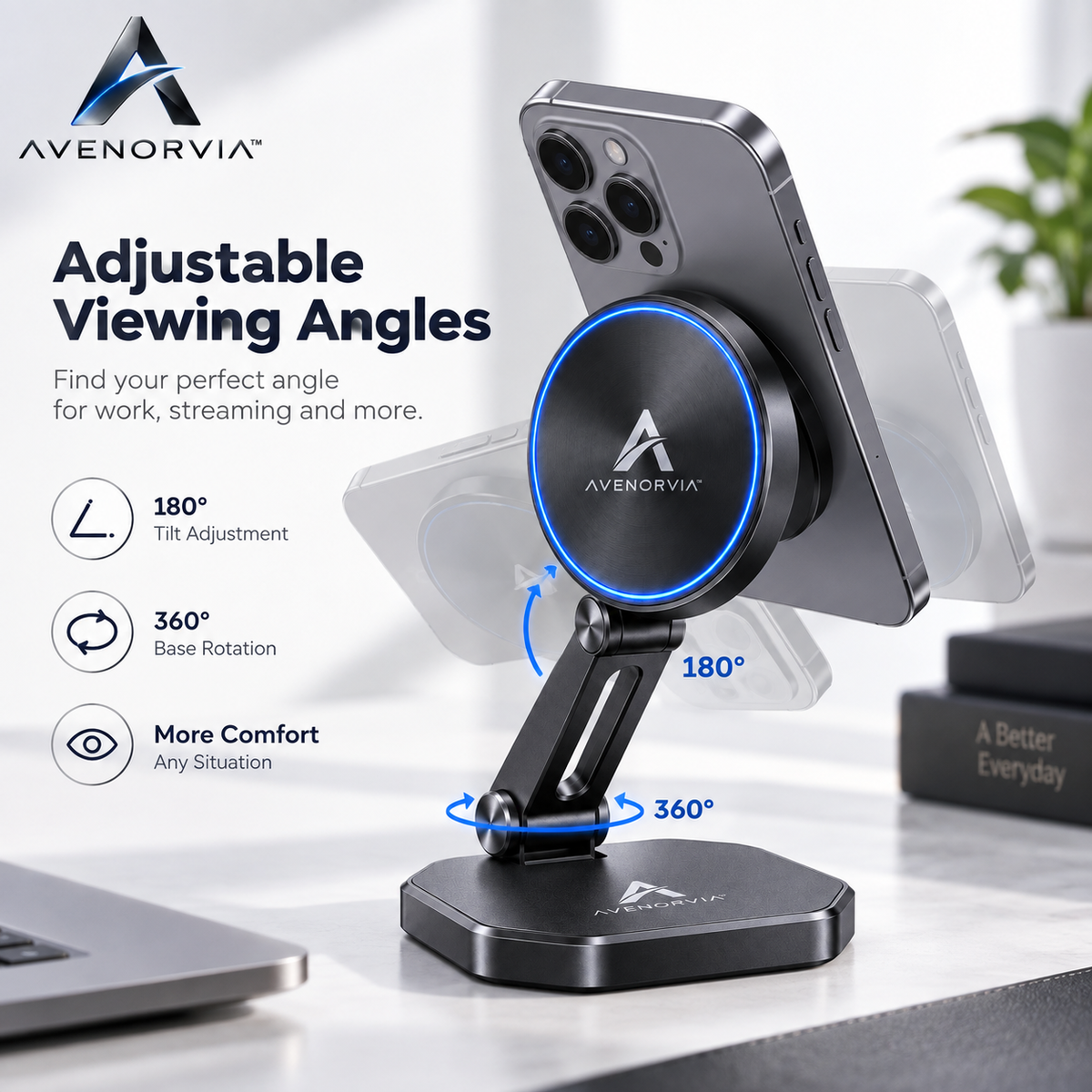 Avenorvia™ PocketFold Adjustable Phone Stand – Compact Fold-Flat Desktop Holder for Work, Travel, Video Calls & Everyday Viewing