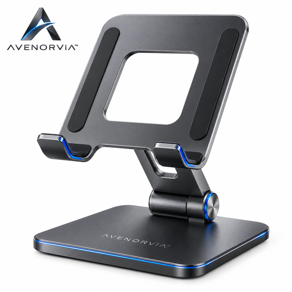 Avenorvia™ FlexView Adjustable Tablet Stand – 360° Rotating Desktop Holder for Work, Streaming, Video Calls & Everyday Use