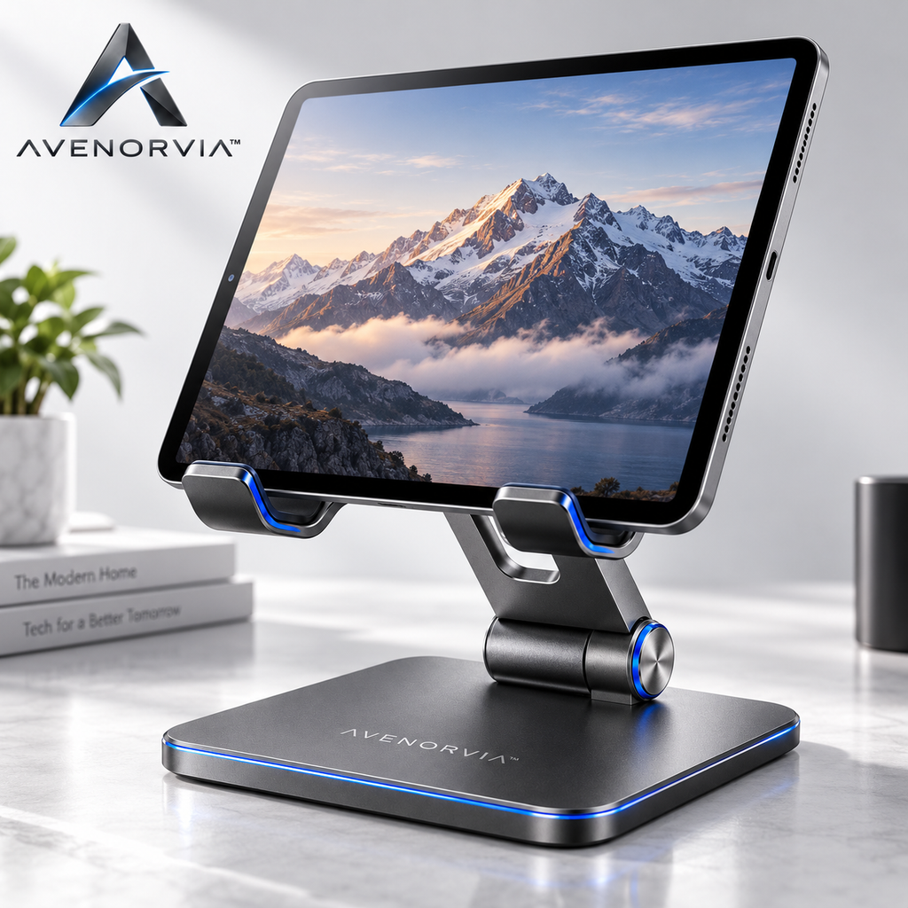 Avenorvia™ FlexView Adjustable Tablet Stand – 360° Rotating Desktop Holder for Work, Streaming, Video Calls & Everyday Use
