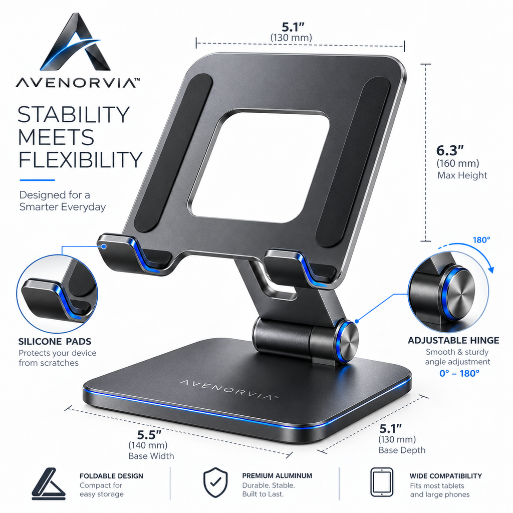 Avenorvia™ FlexView Adjustable Tablet Stand – 360° Rotating Desktop Holder for Work, Streaming, Video Calls & Everyday Use