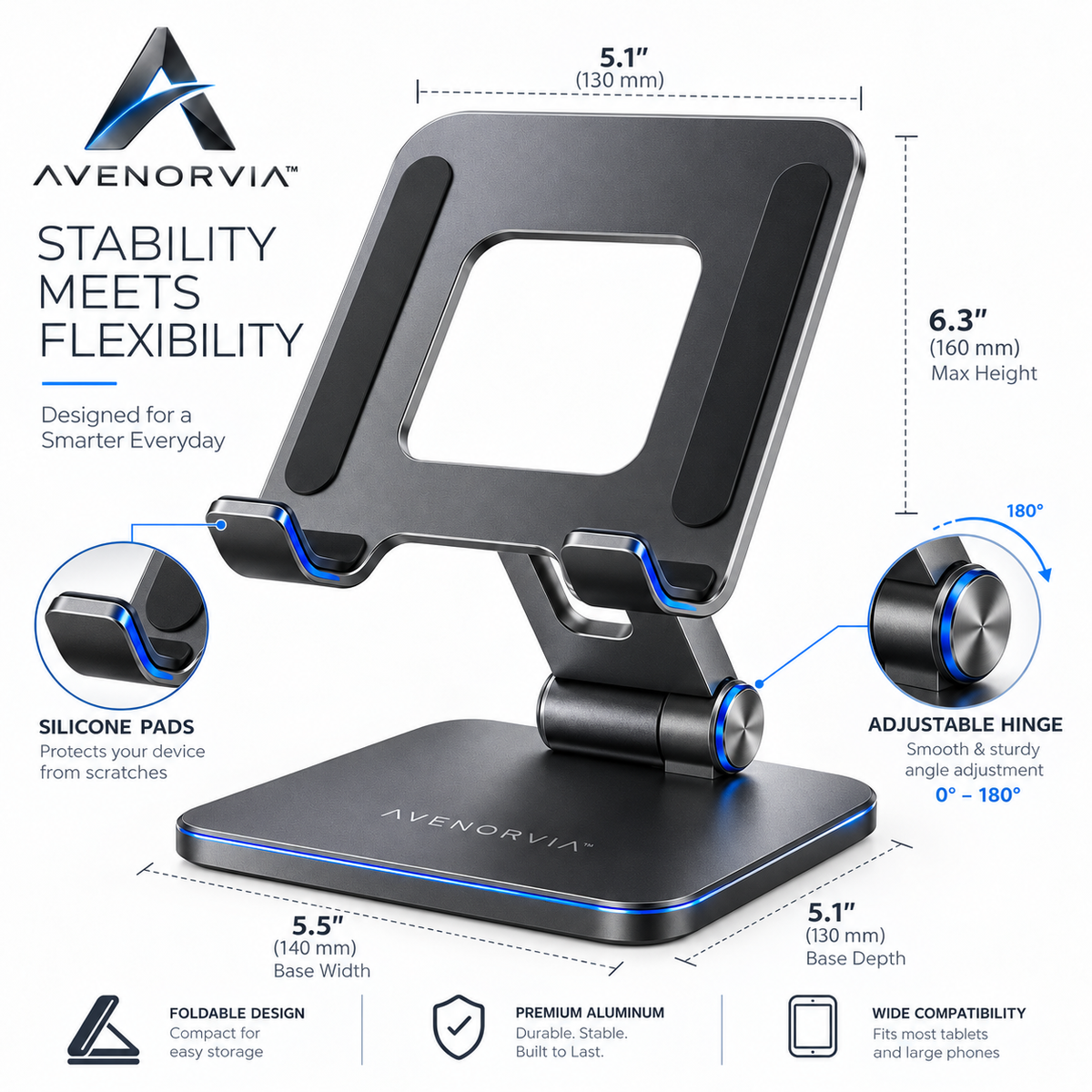 Avenorvia™ FlexView Adjustable Tablet Stand – 360° Rotating Desktop Holder for Work, Streaming, Video Calls & Everyday Use