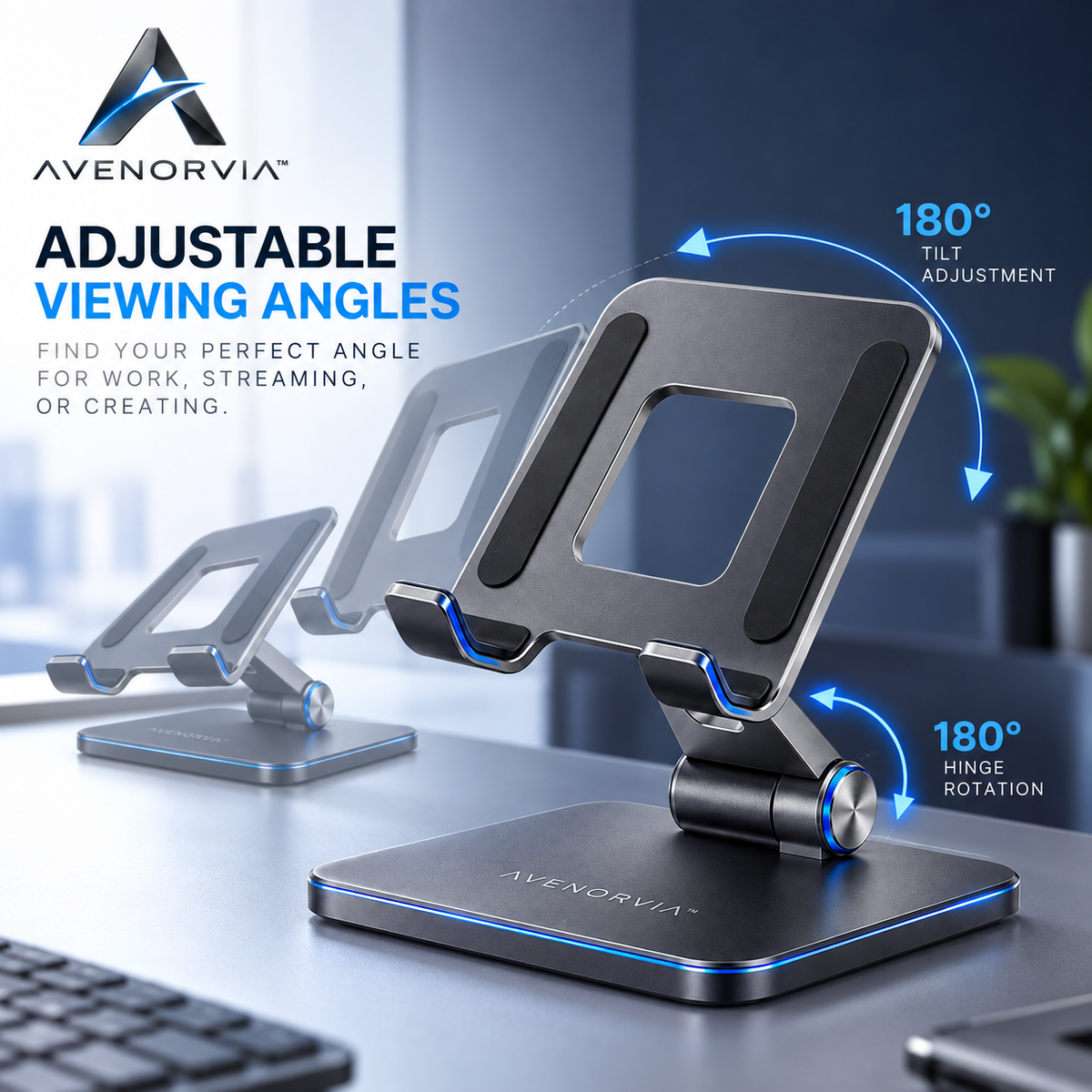 Avenorvia™ FlexView Adjustable Tablet Stand – 360° Rotating Desktop Holder for Work, Streaming, Video Calls & Everyday Use