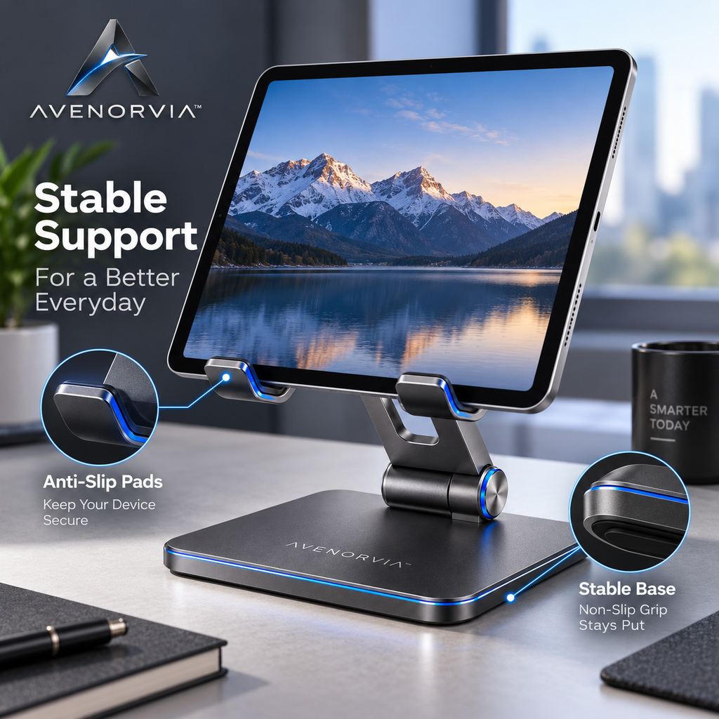 Avenorvia™ FlexView Adjustable Tablet Stand – 360° Rotating Desktop Holder for Work, Streaming, Video Calls & Everyday Use