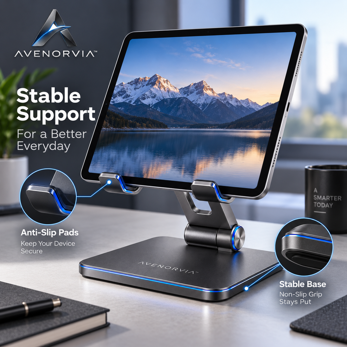Avenorvia™ FlexView Adjustable Tablet Stand – 360° Rotating Desktop Holder for Work, Streaming, Video Calls & Everyday Use