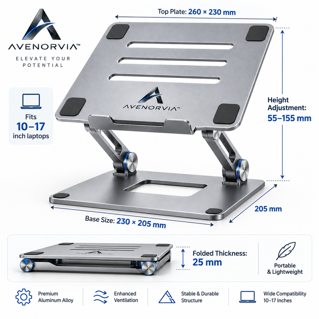 Avenorvia™ ElevateFold Adjustable Laptop Stand – Foldable Ergonomic Desktop Riser for Work, Study & Travel