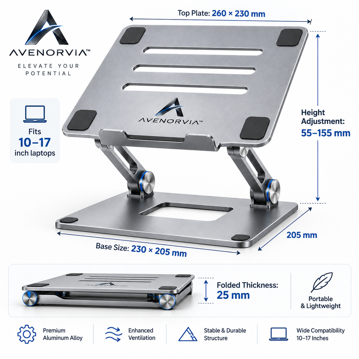 Avenorvia™ ElevateFold Adjustable Laptop Stand – Foldable Ergonomic Desktop Riser for Work, Study & Travel